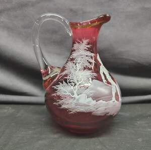 Fenton Cranberry Pitcher Mary Gregory Girl Scene Hand Painted Signed Art Glass